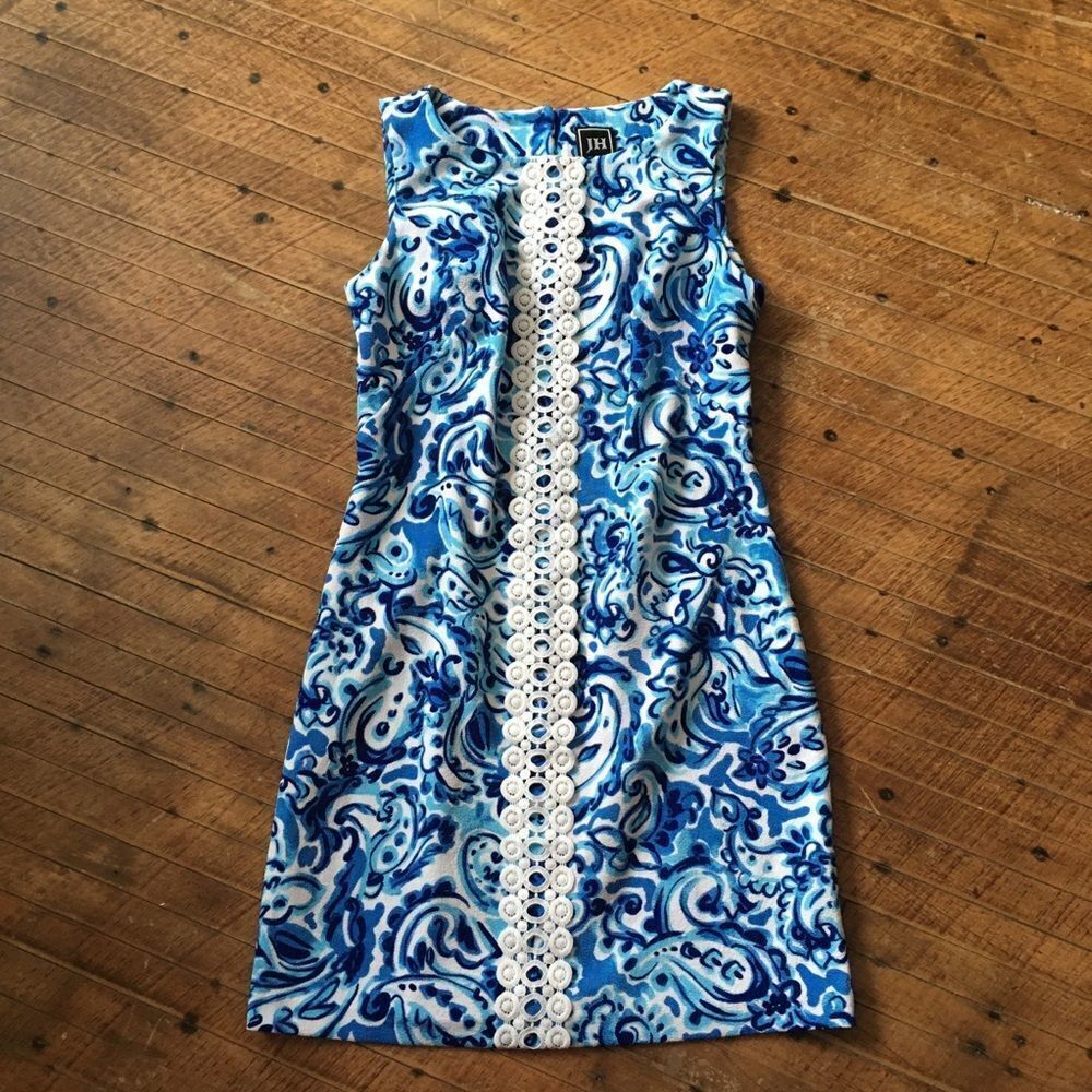 JH blue vintage heavy knit, lace trimmed sheath dress